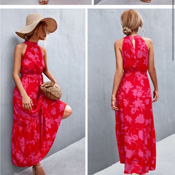Fuchsia Floral Tie Waist Maxi Dress (Ankle Length) - Picture 2 of 2
